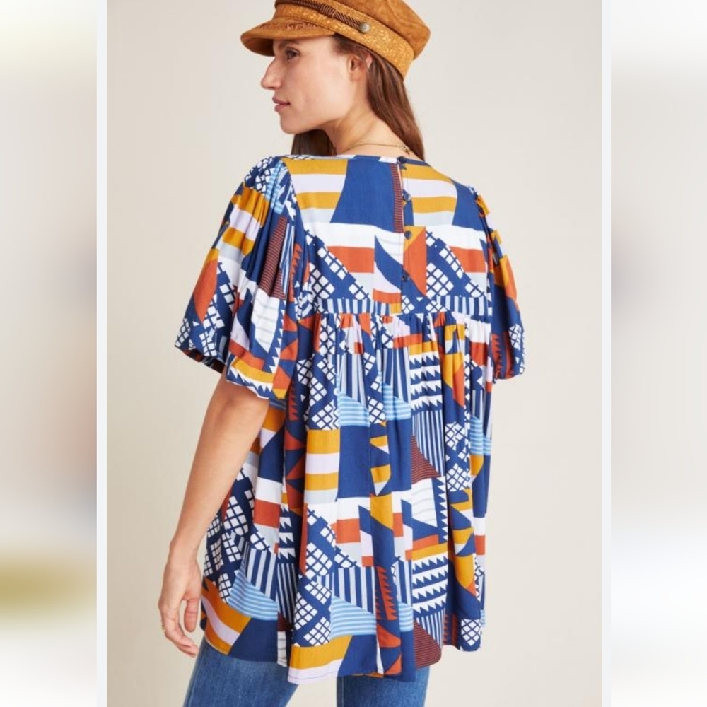 ❤️ NWOT! ANTHROPOLOGIE PORRIDGE VENTURA ABSTRACT BLUE ORANGE WHITE TOP, SMALL - Picture 3 of 11